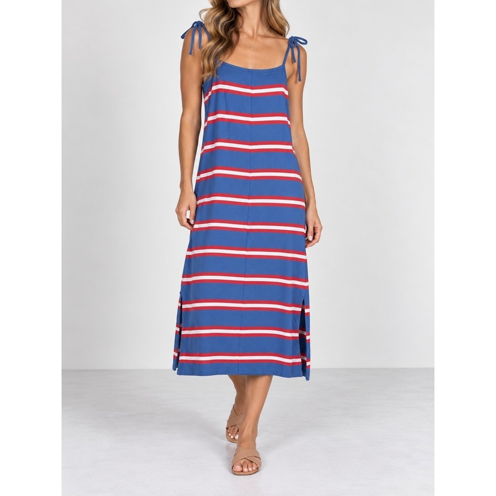Marine Layer Womens Small Blue Striped Tie Shoulder Cotton Modal Midi Dress
